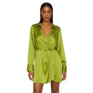 Reformation Long Sleeve Faux Wrap Alaine Silk Dress ES in Green size 12 NWT
